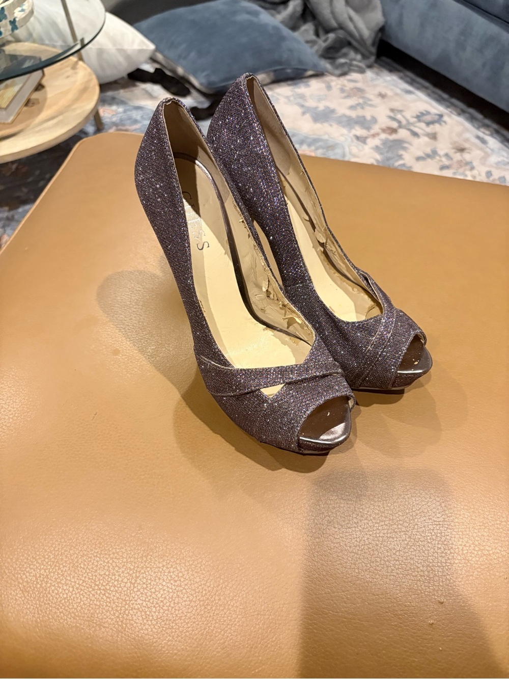 Guess Glitter Peep-Toe High Heels in Shimmering Purple